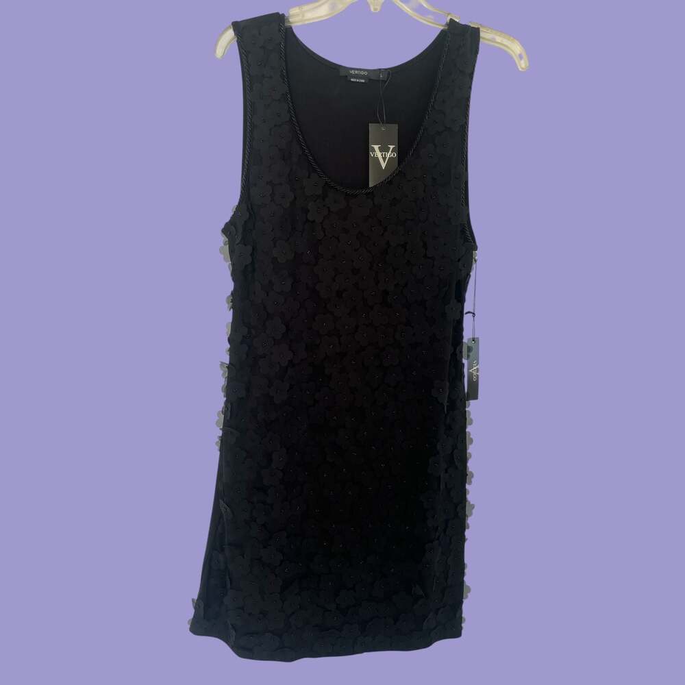 Vertigo Paris Black Sleeveless Mini Dress with 3D Floral Appliqué and Beaded Tri